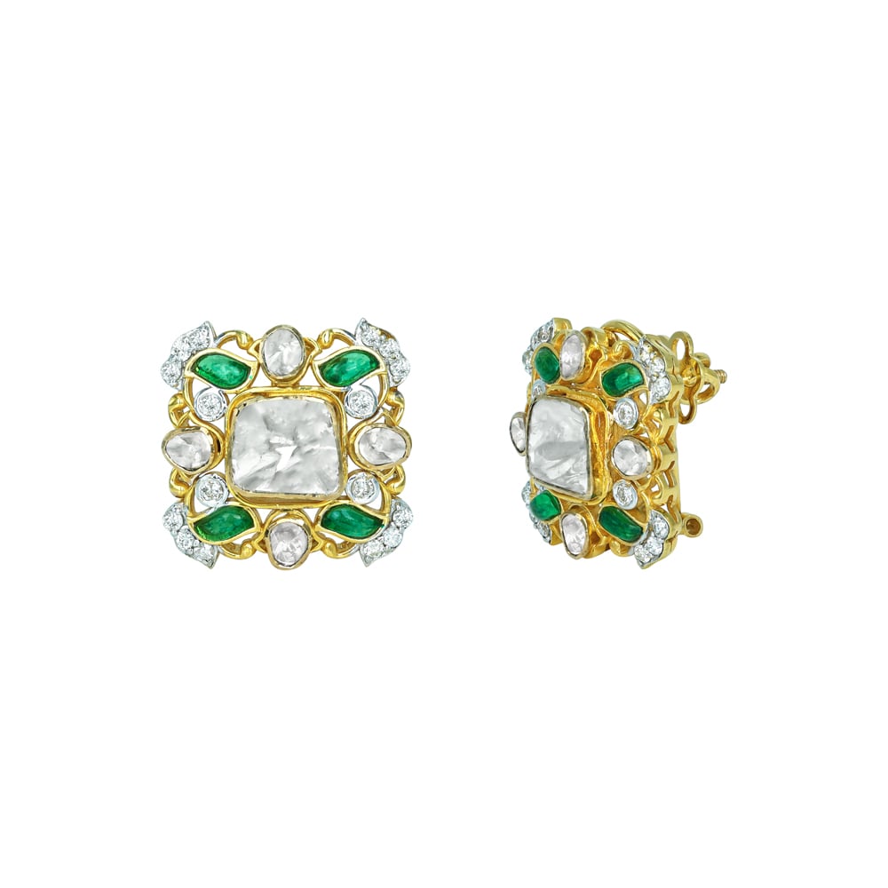 Square Polki Earrings with Emerald Leaves and Gold Filigree